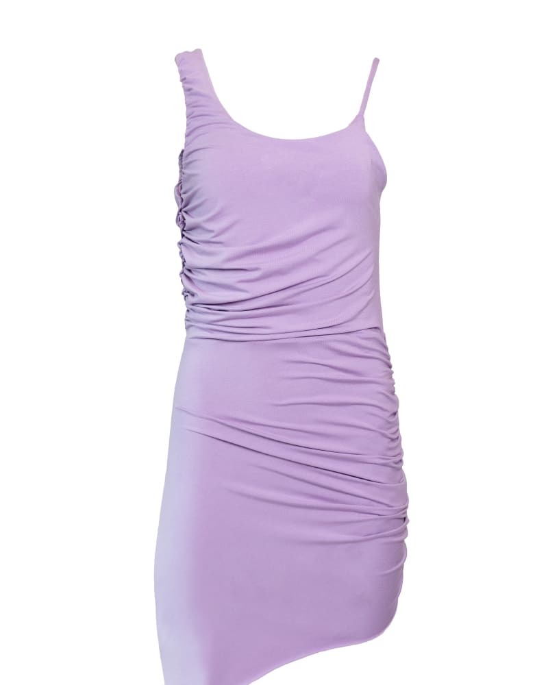 Front of a size XL Asymmetrical Ruched Dress in Purple by Hilary MacMillan. | dia_product_style_image_id:286844